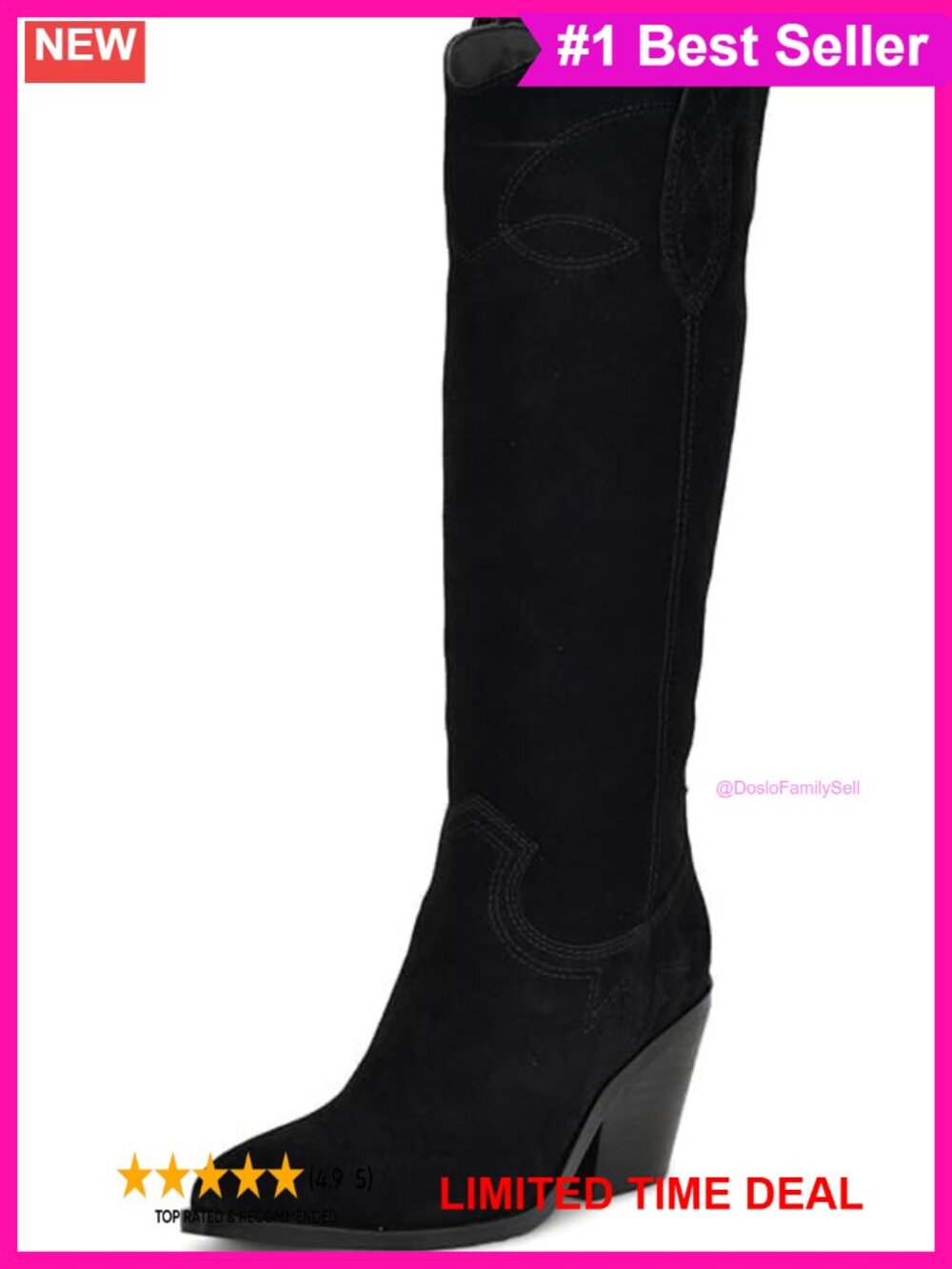 Suede Knee High Cowgirl Boots Pointed Toe Block Heel Western